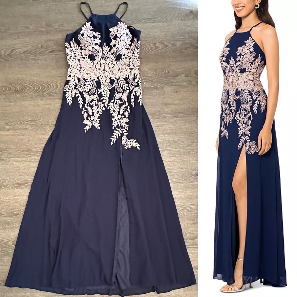 Betsy & Adam Navy and Cream Maxi Dress